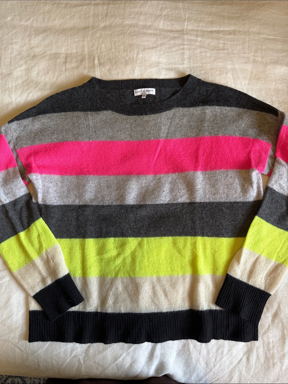 Scott & Scott Women’s Crewneck Striped Sweater - Pink, Gray, Neon Yellow